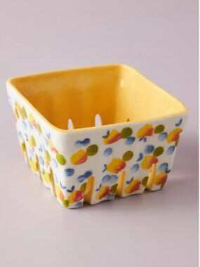 Anthropologie Floral Ceramic Berry Basket in Yellow Motif
